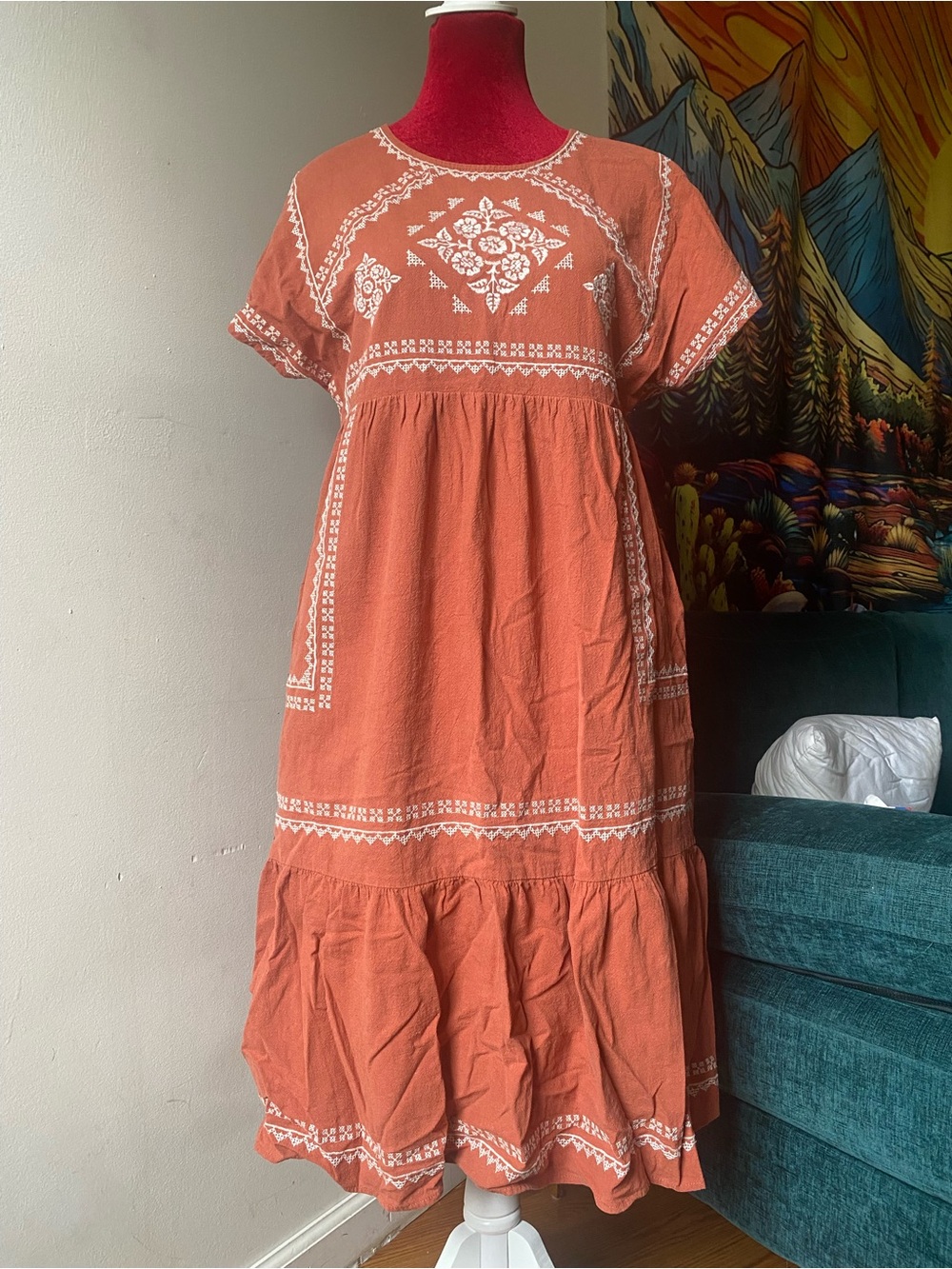 Polagram Rust Midi Dress with White Embroidery